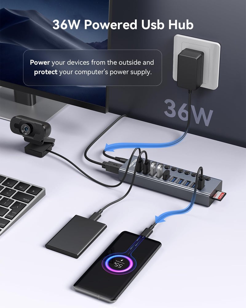 Wenter Powered USB Hub 3.0 with SD/TF Card Reader, Aluminum 10 Port Powered USB Hub (9 USB 3.0 Data Transfer Port & 1 USB Fast Charging Port Hub) USB 3.0 Hub for PC, Laptop - Image 4